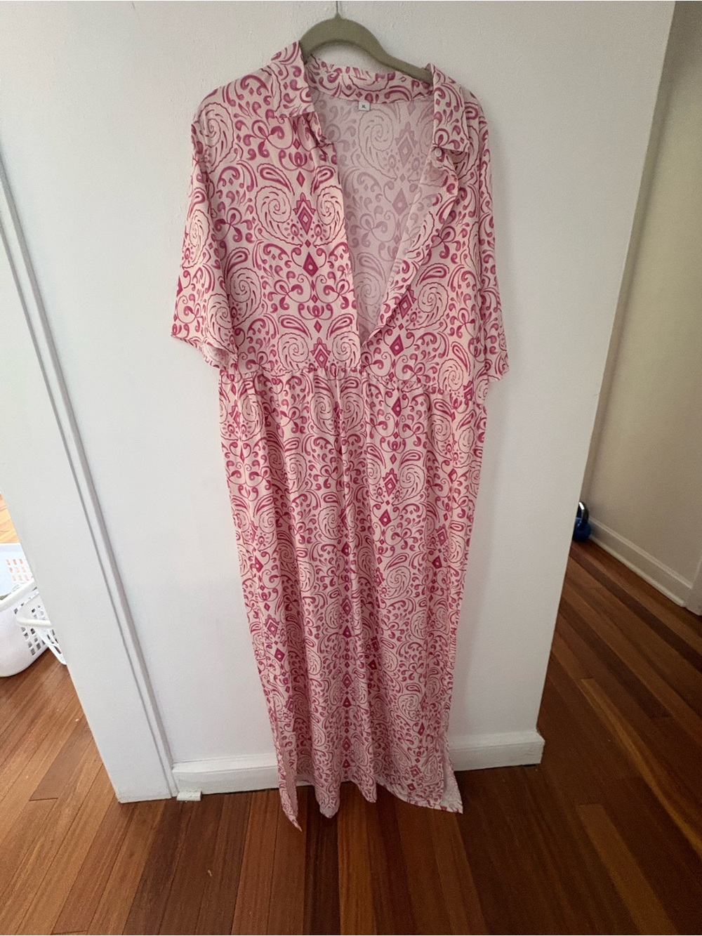 Pink Printed Midi Dress - Lightweight Button Front size L/XL